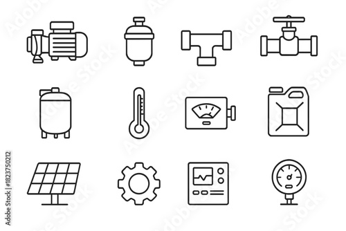Water Treatment Icons. Line style icons of Water Treatment Tools: Pump, Filter, Pipe, Valve; Tank, Thermometer, Flow Meter,