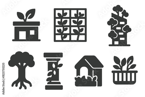 Plant-Integrated Structures Icons. Solid style icons of plant-integrated structures: rooftop garden symbol, climbing plant frame,
