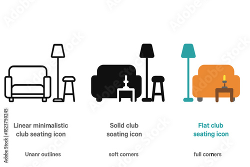 Club Seating Icons. Linear minimalistic club seating icon: lounge sofa, small table, candle holder, floor lamp, cocktail napkin,