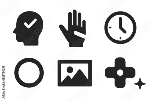 Cognitive Drill Icons. Solid style icons of cognitive lucid drills: reality check glyph, finger-through-palm icon, clock glance
