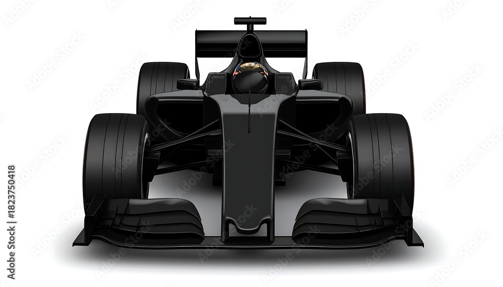 Naklejka premium Front view of a sleek, black race car, aerodynamic, poised against a stark white background, radiating speed and intensity