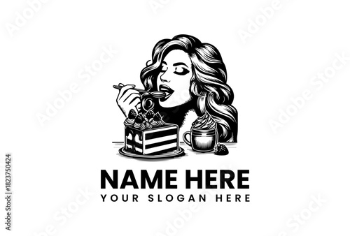 Elegant woman eating a slice of delicious strawberry cake, a vintage-inspired vector logo illustration for a bakery or confectionery