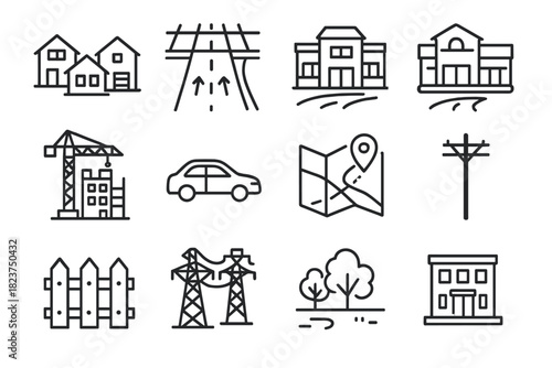 Urban Sprawl Icons. Line style icons of Urban Sprawl: suburban houses, highway, shopping mall, roundabout; construction site, car,