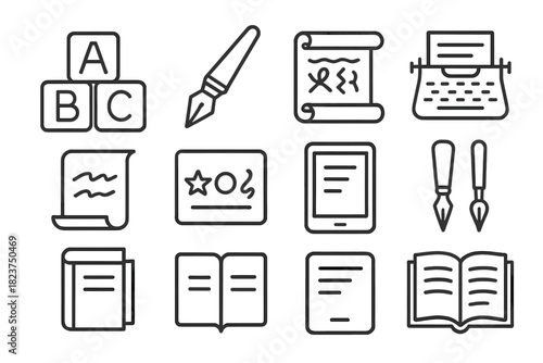 Script Icon Illustrations. Line style icons of Written Scripts: alphabet blocks, calligraphy pen, scroll, typewriter; handwriting,