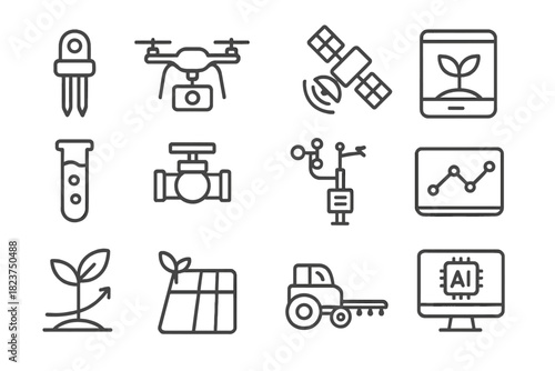 Precision Agriculture Icons. Line style icons of Precision Agriculture Tools: soil sensor, drone, satellite, tablet; nutrient