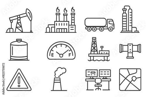 Fossil Fuel Icons. Line style icons of Fossil Fuel Infrastructure: oil well, gas plant, tanker truck, refinery tower; storage tank