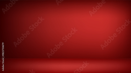 Dark red studio background with light spot. Empty 3D room with monochrome wall and floor, color gradient. Vector horizontal banner backdrop for product presentation, blank HD template, photo space.