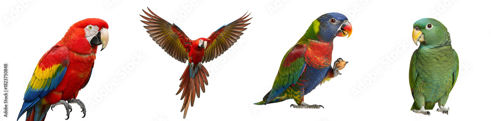 Fototapeta premium Four vibrant parrots showcasing diverse plumage and poses against a neutral setting well lit on transparent background