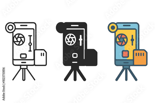 Mobile Photography Icons. Linear minimalistic mobile photography icon: smartphone with lens attachment, aperture dial, exposure