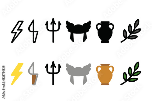 Ancient Gods Icons. Linear minimalistic ancient gods icon: thunderbolt, trident, winged helmet, sacred vase, ritual dagger, olive