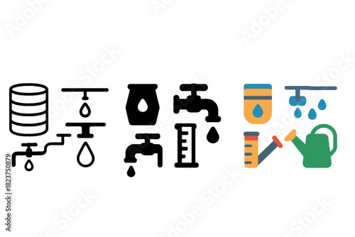Water Conservation Icons. Linear minimalistic water conservation icon: rainwater tank, drip irrigation, water filter, faucet, rain