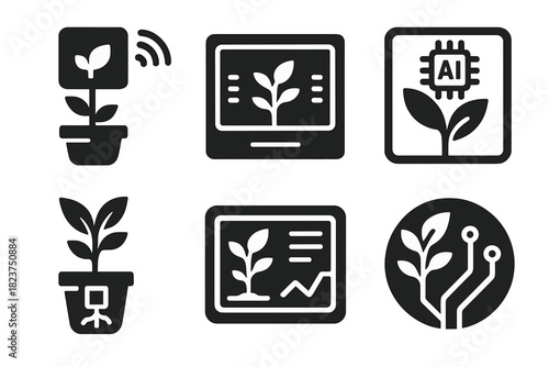 Digital Nature Interfaces. Solid style icons of digital nature interface: smart wall plant reader, data-garden panel, AI-plant