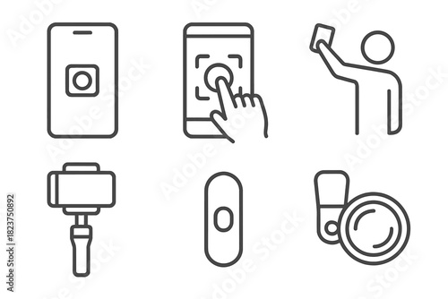 Mobile Photography Icons. Line style icons of mobile photography: smartphone with camera icon, touch focus screen, selfie pose