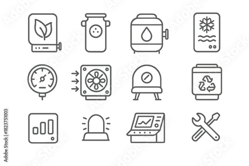 Life Support Line Icons. Line style icons of Life Support Systems: oxygen generator, CO2 scrubber, water tank, temperature control
