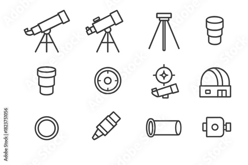Line Style Telescopes. Line style icons of Telescopes: refractor telescope, reflector telescope, mount tripod, eyepiece; zoom lens