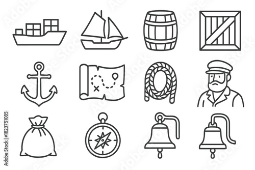 Merchant Fleet Icons. Line style icons of Merchant Fleets: cargo ship, sail, barrel, crate; anchor, trade map, rope coil, merchant