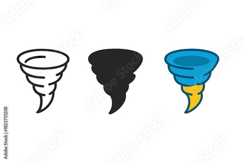 Stylized Tornado Icons. Minimalist tornado icon: three identical tornado illustrations in a row, first in line style with thin