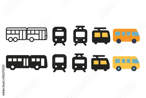 Transport Icons Collection. Linear minimalistic bus and train icon: articulated bus, commuter train, tram, trolley, shuttle,