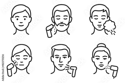 Cryo Facial Icons. Line style icons of cryo facials for men and women: gender-neutral face icon, beard-friendly device, short hair
