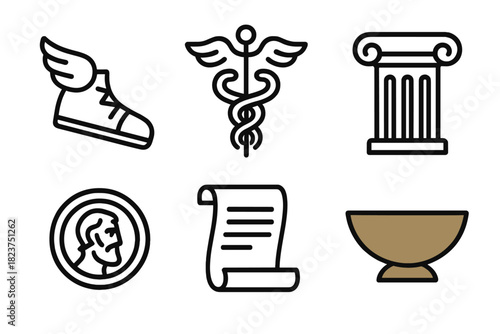 Classical Mythology Icons. Linear minimalistic classical mythology icon: winged sandals, caduceus staff, temple column, divine