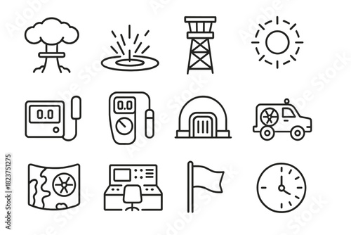 Nuclear Testing Icons. Line style icons of Nuclear Testing: test mushroom cloud, explosion site, observation tower, blast marker;