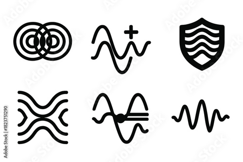Acoustic Wave Interference Icons. Solid style icons of acoustic wave interference: overlapping wave rings, constructive boost icon