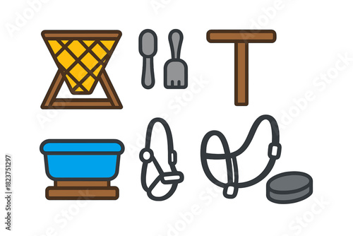 Horse Stable Icons. Linear minimalistic horse stable setup icon: hay feeder, grooming tools, saddle rack, water trough, halter,
