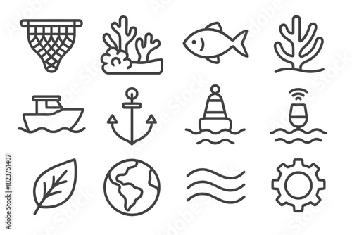 Sustainable Practices Icons. Line style icons of Sustainable Practices: Fishing Net, Reef, Fish, Coral; Boat, Anchor, Buoy, Sensor
