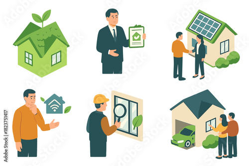 Eco-Friendly Real Estate. Isometric vector illustration set of Real Estate: eco-friendly house model, agent with carbon rating