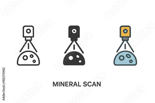 Lunar Mineral Devices. Minimalist mineral scan icon: three identical lunar mineral scanning devices in a row, first in line style