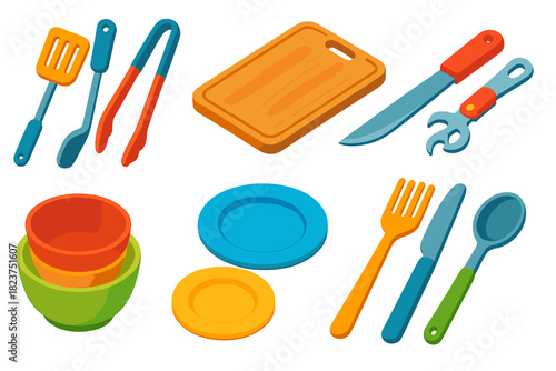 Camping Essentials Icons. Isometric vector illustration set Camping essentials – spatula, tongs, ladle; cutting board, chef’s