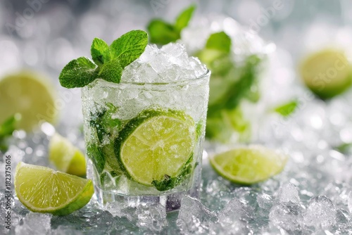 Refreshing Mojito Cocktail with Crushed Ice, Zesty Lime Slices, and Vibrant Mint Leaves.