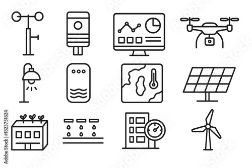 Smart City Tech Icons. Line style icons of Smart City Climate Tech: weather station, environmental sensor, data dashboard, drone