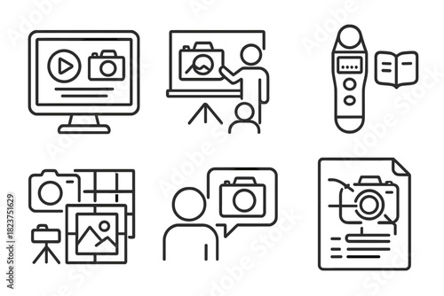 Photography Education Icons. Line style icons of photography education: online tutorial screen, photo class board, light meter