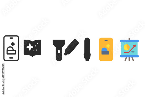 Educational Tools Icons. Linear minimalistic educational tools icon: planetarium app, star guide, flashlight, marker, diagram
