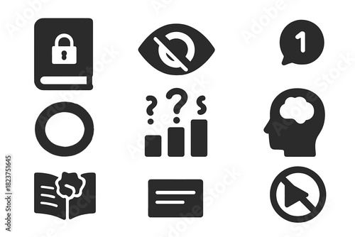 Anti-Reading Icon Set. Solid style icons of anti-reading practice: closed book with lock glyph, eyes-off-page icon, unread badge.