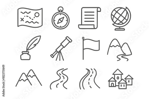 Historical Geography Icons. Line style icons of Historical Geography: Ancient Map, Compass, Scroll, Globe; Quill, Inkpot,