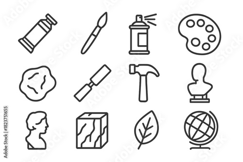 Art Material Icons. Line style icons of Art Materials: Paint Tube, Brush, Spray Can, Palette; Clay, Chisel, Hammer, Stand; Plaster