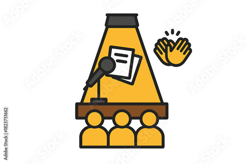 Folklore Night Icons. Linear minimalistic folklore night icon: storyteller mic, story cards, audience icons, spotlight beam, stage