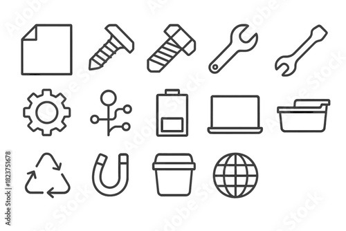 Recyclable Metal Icons. Line style icons of Recyclable Metals: Metal Sheet, Screw, Bolt, Wrench; Gear, Circuit, Battery, Laptop;