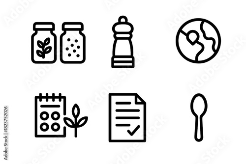 Culinary Spice Icons. Linear minimalistic culinary spices icon: herb jars, spice grinder, origin diagram, tasting notes, recipe