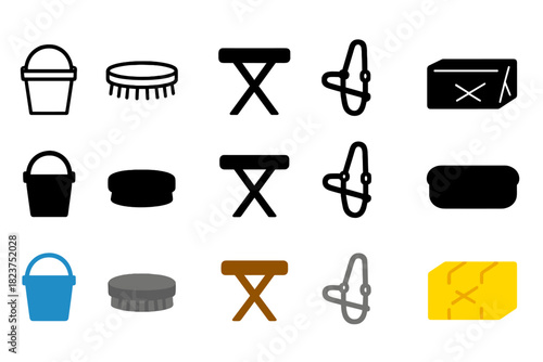 Horse Care Icons. Linear minimalistic horse care icon: feed bucket, grooming brush, saddle stand, halter, water trough, hay bale,