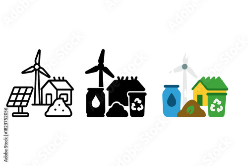 Sustainable Living Icons. Linear minimalistic sustainable living icon: solar panel, wind turbine, green roof, rainwater barrel,