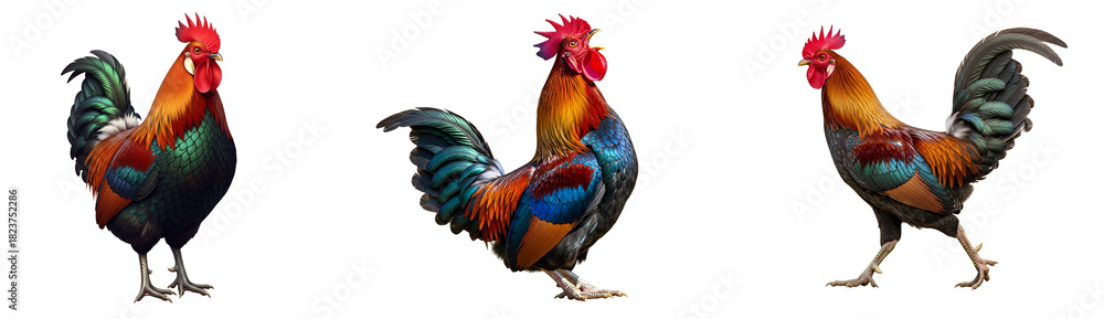 Fototapeta premium Three roosters with vibrant plumage standing against a solid and stark contrasting backdrop space on transparent background