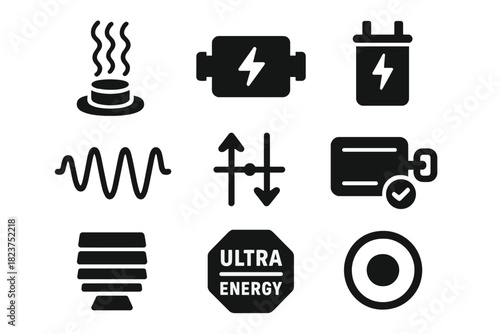 Teleportation Energy Icons. Solid style icons of teleportation energy systems: energy beam fueling node, teleportation power