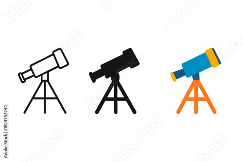 Minimalist Telescope Trio. Minimalist telescope icon: three identical moon observation telescopes in a row, first in line style