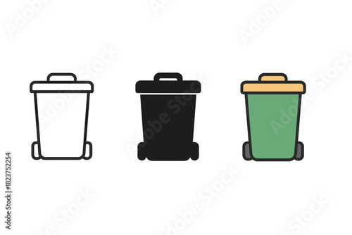 Minimalist Trash Bins. Minimalist garbage day icon: three identical trash bins in a row, first in line style with thin outline,