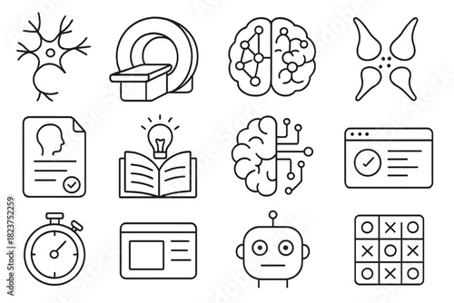 Cognitive Science Icons. Line style icons of Cognitive Science Tools: neuron model, fMRI scanner, brain network, synapse diagram;