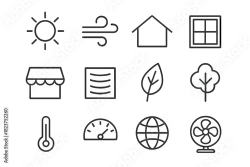 Climate Design Icons. Line style icons of Climate-Adaptive Design: Sun, Wind, Roof, Window; Shading, Vent, Leaf, Tree; Thermometer