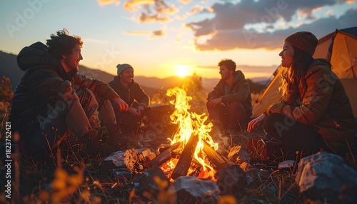 Group of friends gather around a crackling campfire as the sun sets in a mountainous landscape